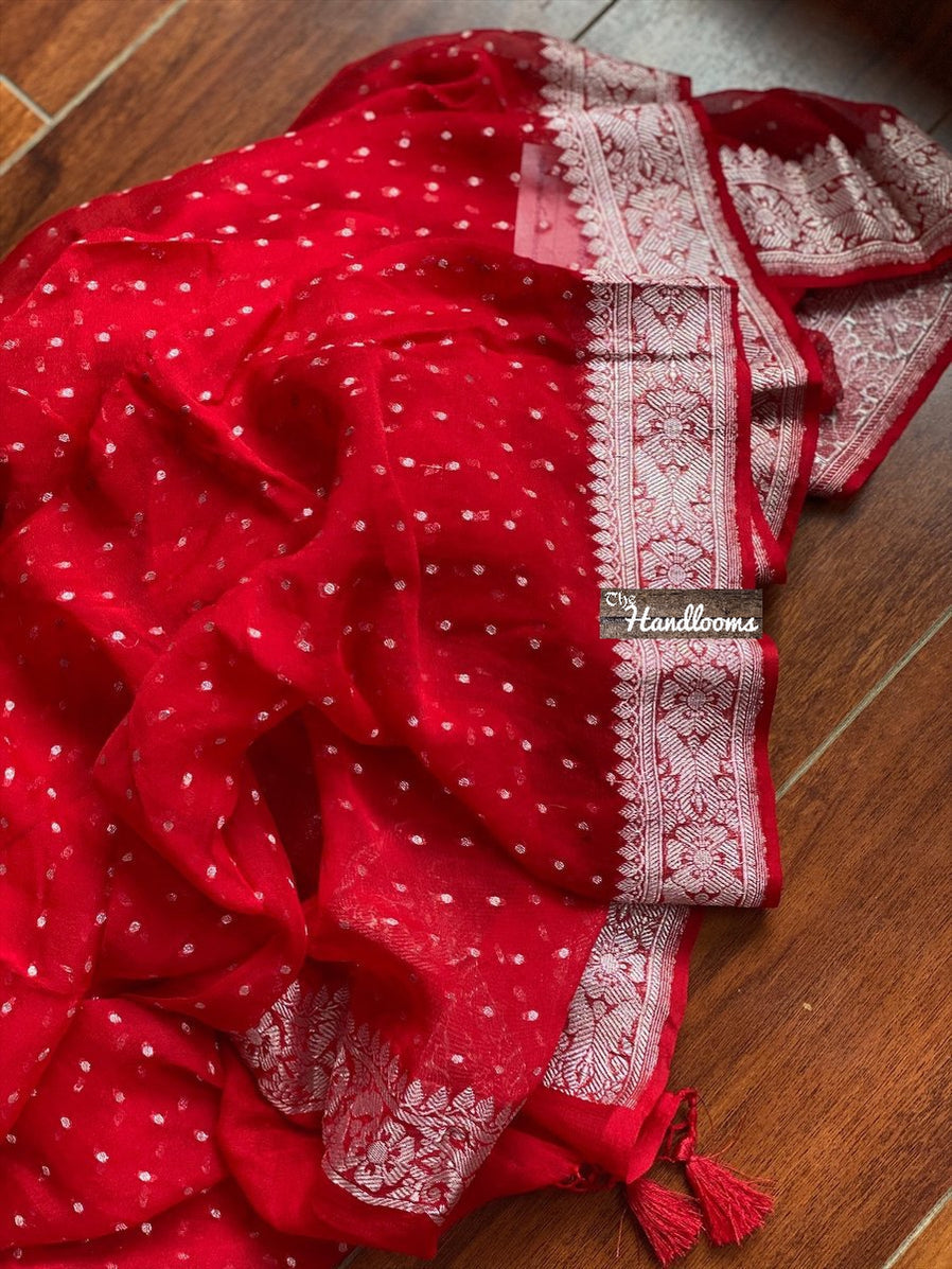 Pure Georgette Dupatta - Red silver zari