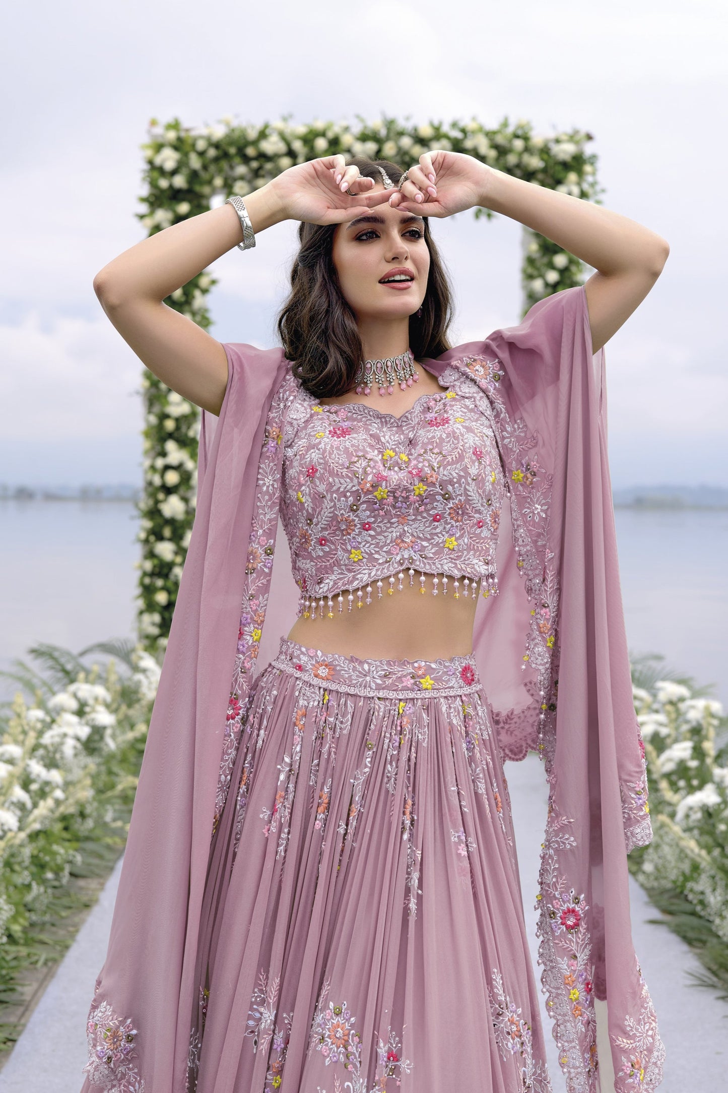 Light Pink Embroidered Georgette Silk Lehenga Set