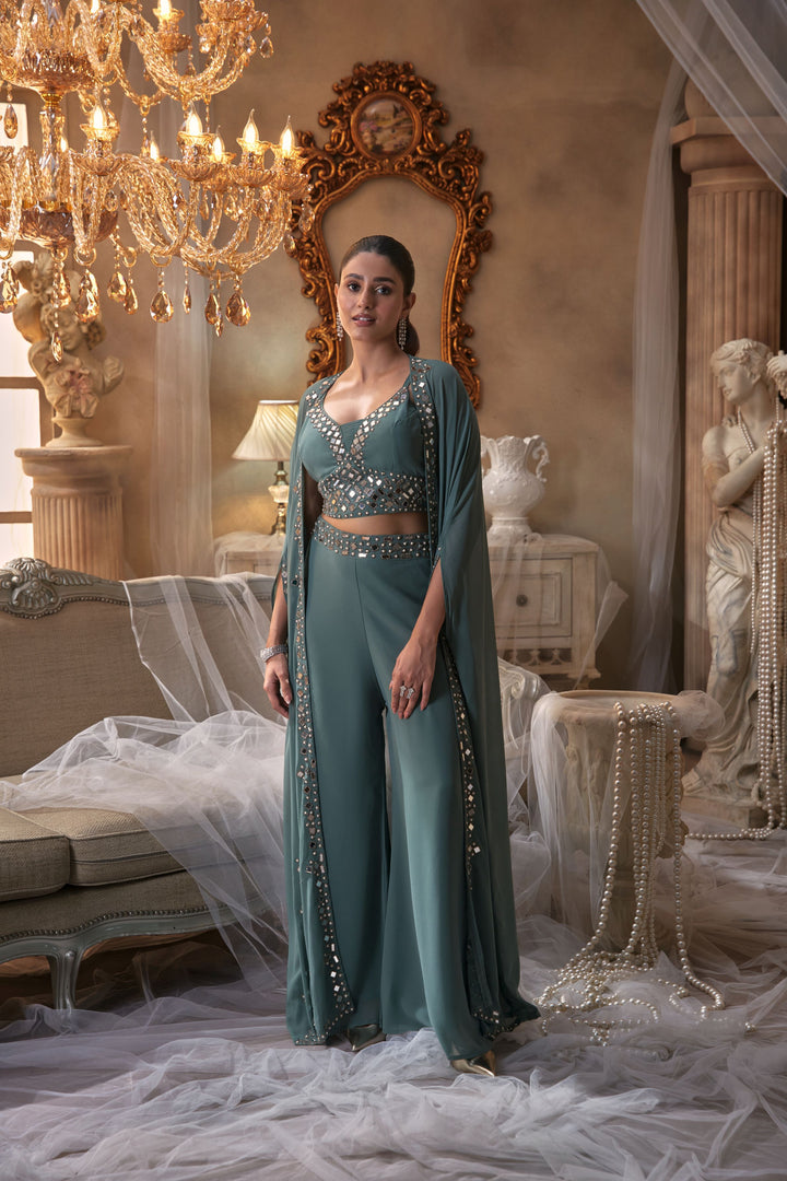 Sea Green Mirror Embellished Cape Set