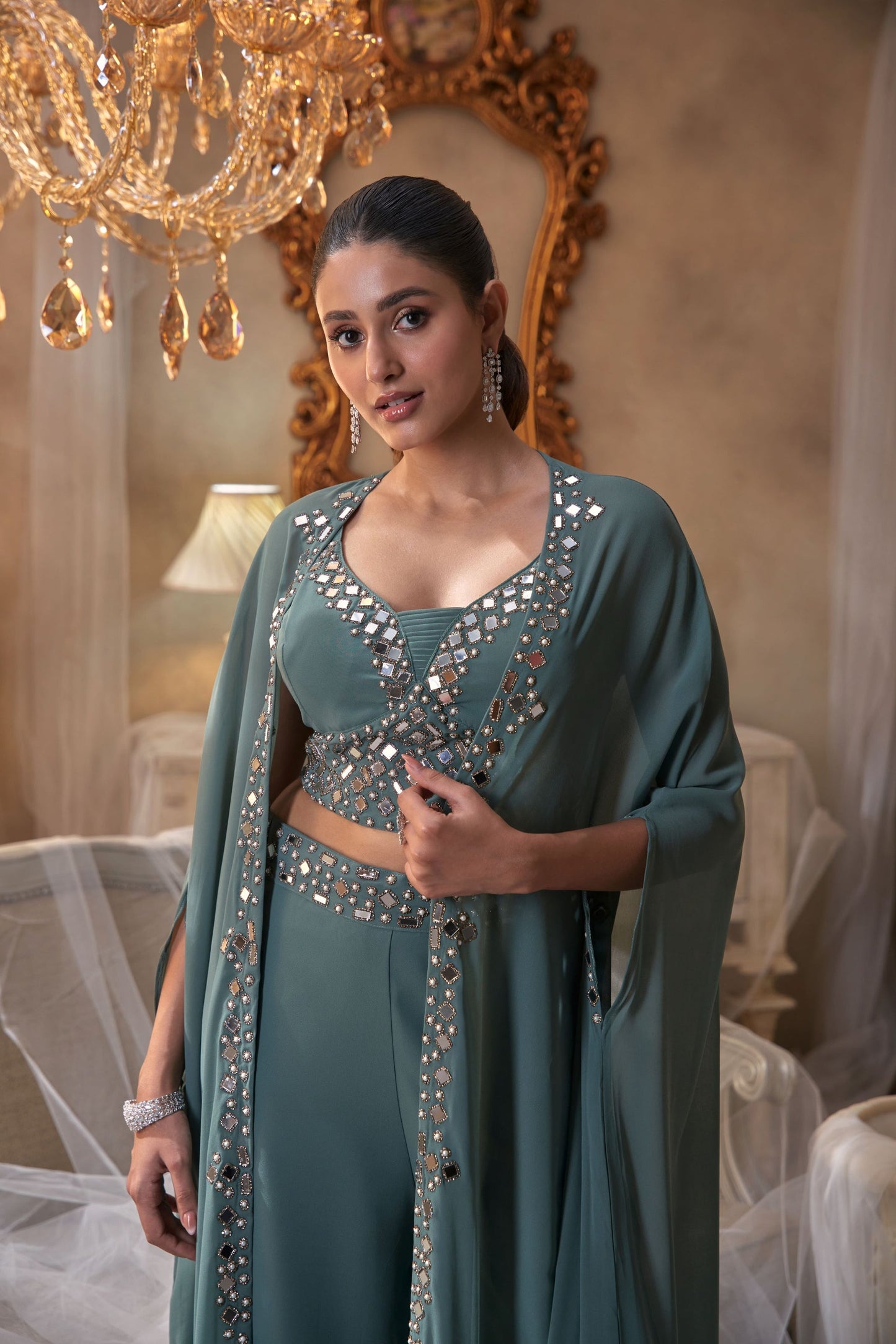 Sea Green Mirror Embellished Cape Set