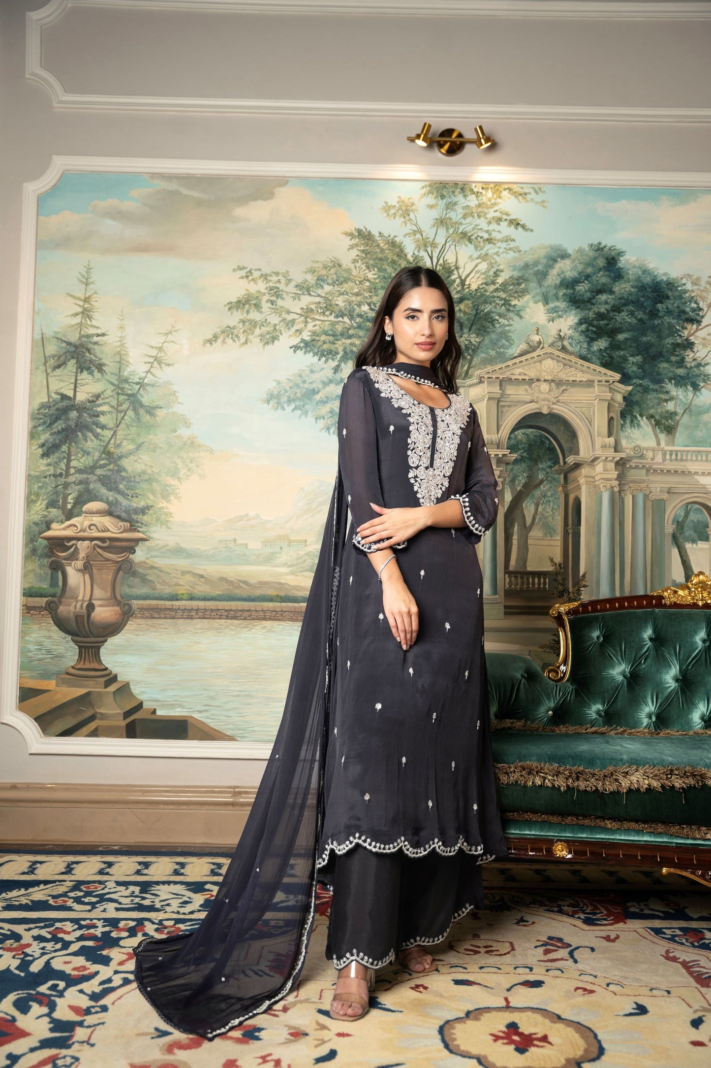 Ship Black Embellished Chinon Silk Palazzo Set