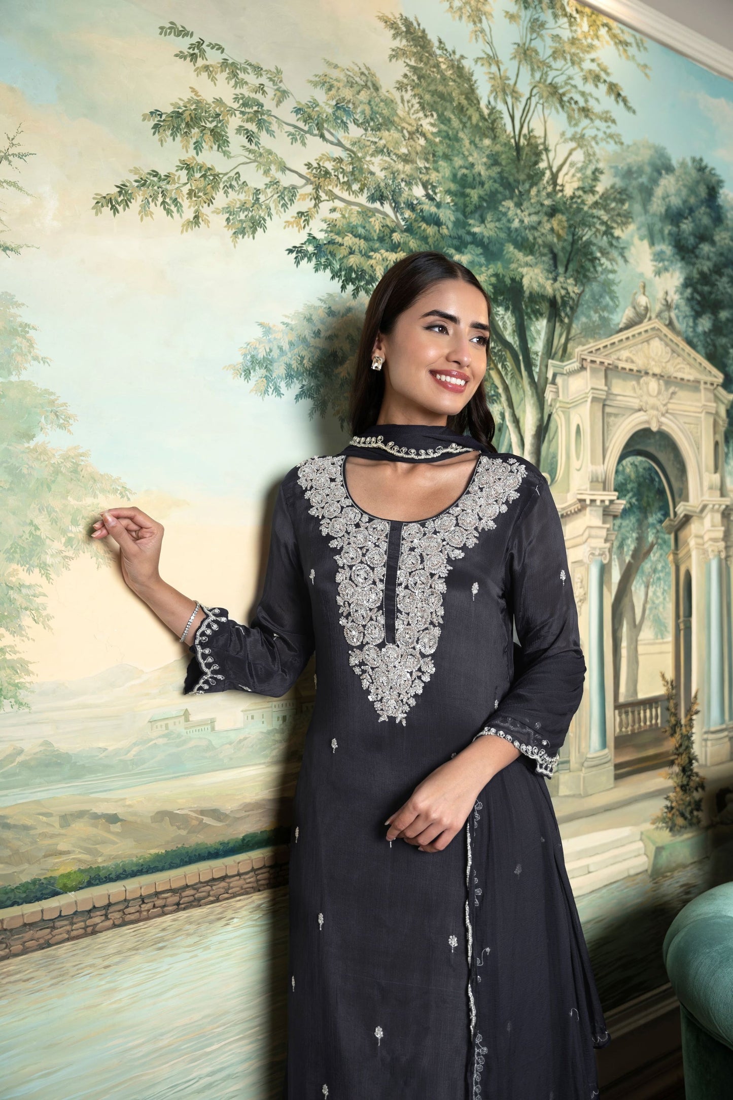Ship Black Embellished Chinon Silk Palazzo Set