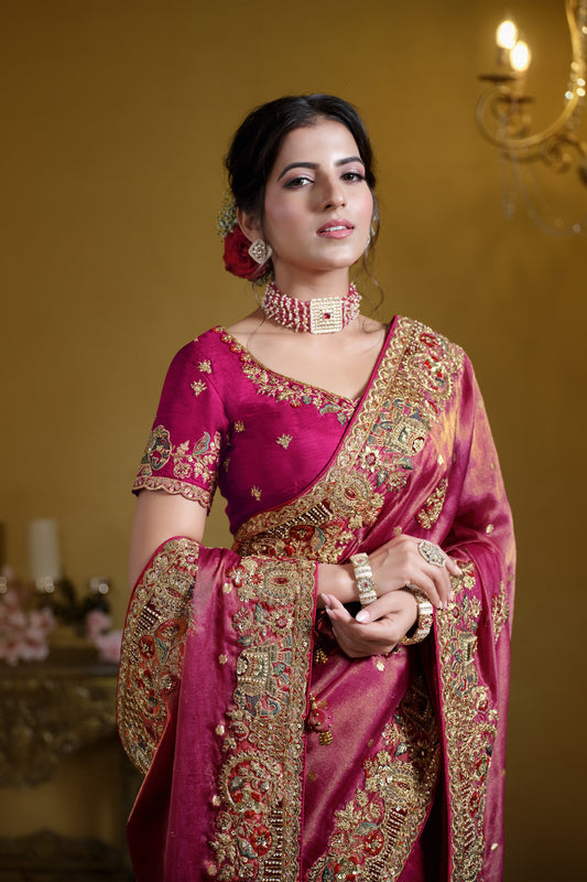 Royal Metallic Rani Pink Embellished Premium Zari Silk Saree