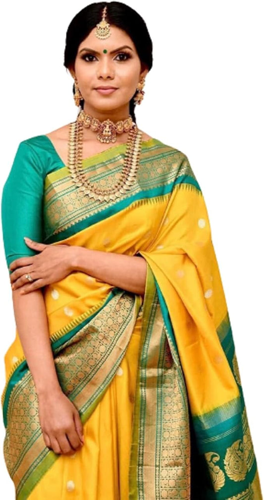 South Indian Yellow Silk Saree with Border and Blouse for Women, featuring Godwal Pattu Sari (Unstitched Blouse)