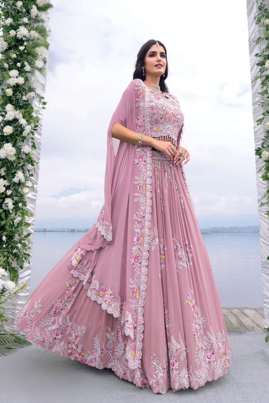 Light Pink Embroidered Georgette Silk Lehenga Set