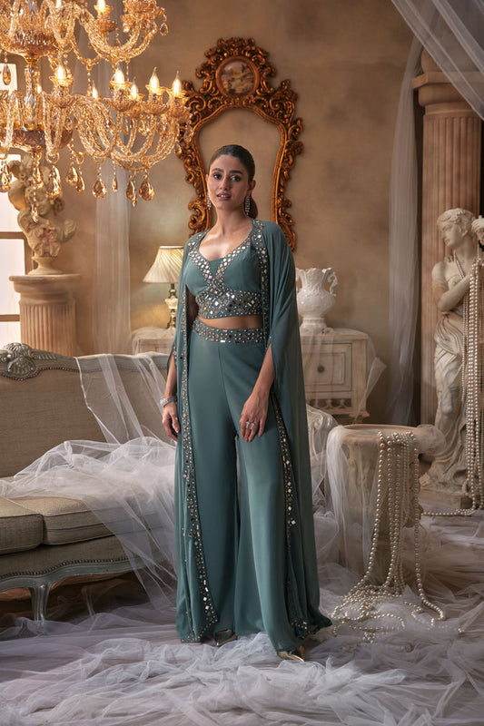 Sea Green Mirror Embellished Cape Set
