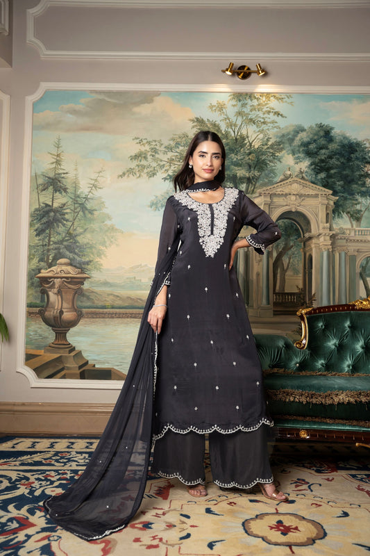 Ship  Black Embellished Chinon Silk Palazzo Set